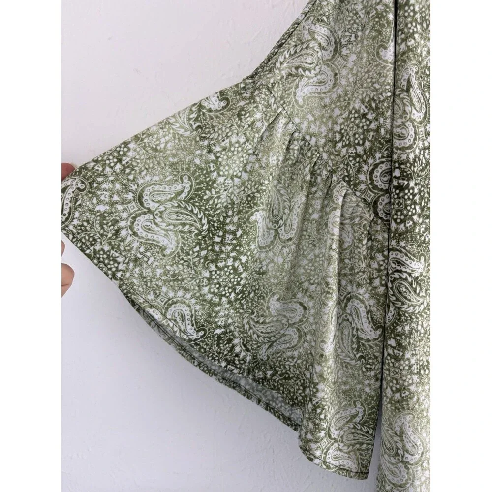 Michael Kors Womens Shirt Size 2XL Green Paisley Relaxed Side Tie Short Sleeve